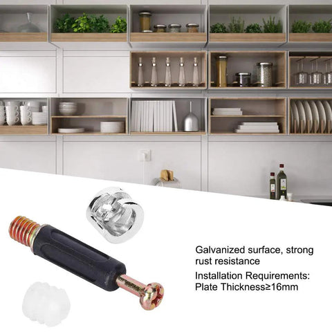 No Sweat Cam Lock Nuts And Connecting Screws With Eccentric Wheels For Furniture Assembly A Rock Solid 300 Piece Kit close-up of galvanized steel rod and nylon burial nuts