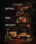 Liquid Coffee Pods For Premium Single Serve Coffee Ready In Seconds Machine Free And Eco Friendly Ideal For Cold Brew Iced And Hot Coffee Rich Arabica Medium Roast With Frother 24 Count Barista Level Flavor At Home image showing coffee preparation steps with packaging.