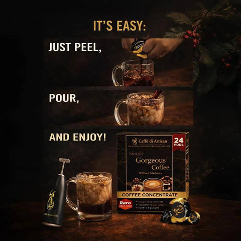 Liquid Coffee Pods For Premium Single Serve Coffee Ready In Seconds Machine Free And Eco Friendly Ideal For Cold Brew Iced And Hot Coffee Rich Arabica Medium Roast With Frother 24 Count Barista Level Flavor At Home image showing coffee preparation steps with packaging.