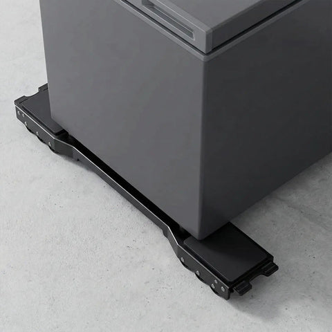 Heavy Duty 2 Pack Furniture Dolly With Sturdy Carbon Steel Build And Thick Rubber Pads For Washing Machine, Fridge, Dryer Movers, And Appliance Rollers to easily move a gray fridge.