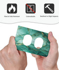 Person holding a Turquoise And Gold Gemstone Marble Texture Switch Plate One Gang Duplex Outlet Cover, showcasing its durable design.