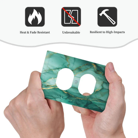 Person holding a Turquoise And Gold Gemstone Marble Texture Switch Plate One Gang Duplex Outlet Cover, showcasing its durable design.