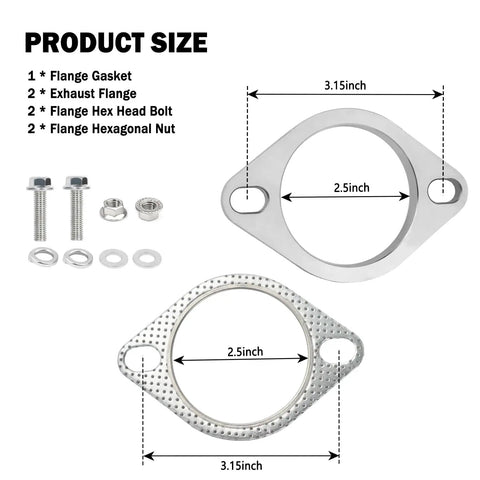 Beefy 2.5 Inch Two Bolt Exhaust Flange Repair Kit With Premium Stainless Steel Muffler Gasket and Rugged Exhaust Bolts visible with sizes.