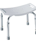 Bath Safety Non Slip Adjustable Tub And Shower Chair For Home Use Easy Install Grab And Go Supports Up To 250 Lbs Stable Shower Bench With Cushioned Seat Ideal For Seniors Or Anyone Needing Help Getting In And Out, featuring a white cushioned seat and adjustable metal legs.