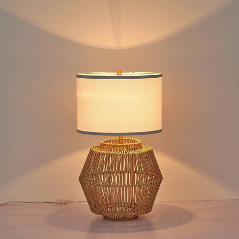 2 Pack Woven Rattan Table Lamps With Plug In Boho White Fabric Shade For Nightstand End Table Living Room Bedroom Entryway Farmhouse Decor Great For Ambient Glow And Cozy Bohemian Vibe, single lamp view, lit