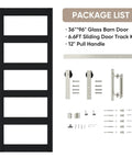 36 Inch By 96 Inch Glass Barn Door With 5 Panel Frosted Glass, Solid Wood Core Wrapped In Waterproof PVC, Black Finish Package