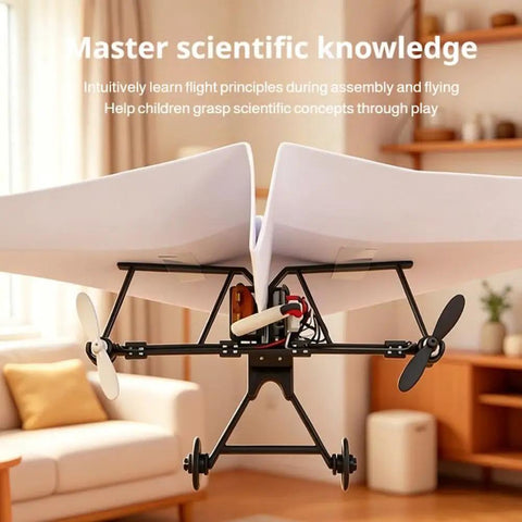 Electric RC Paper Airplane Kit With Gyro Stabilizer Dual Propellers in living room on sofa, demonstrating realistic flight tech.