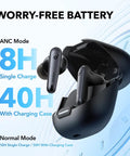 Liberty 4 NC Wireless Earbuds With Ninety Eight Point Five Percent Noise Reduction shown with charging case and battery life details