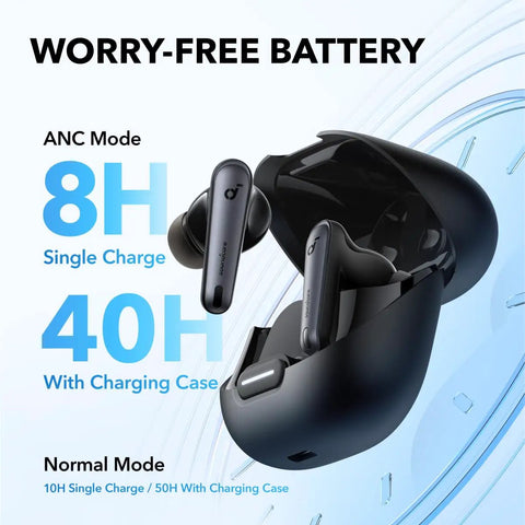 Liberty 4 NC Wireless Earbuds With Ninety Eight Point Five Percent Noise Reduction shown with charging case and battery life details