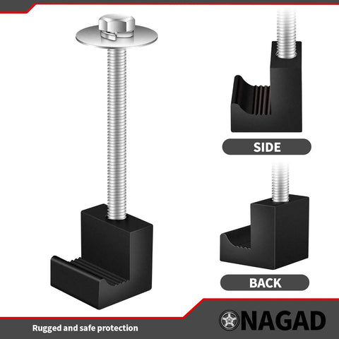 No Sweat Truck Tool Box Mounting Kit With Easy No Drill Setup showing a heavy-duty J hook clamp with steel bolt and rubber padding.