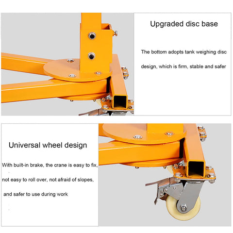Rugged Foldable Hand Crank Engine Hoist Built Solid Like A Tank For Heavy Shop Tasks That Require Serious Lifting Power Without Any Sweat Or Hassle, showing upgraded disc base and universal wheel design.