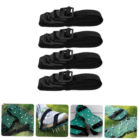 16 Piece Lawn Aerator Shoes With Adjustable Straps Garden Spikes for deep soil penetration shown in use and detail view