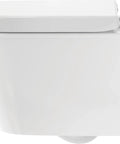 Side view of white universal elongated toilet seat with soft close lid and stainless steel hinges, durable thermoplastic construction.