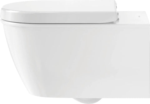 Side view of white universal elongated toilet seat with soft close lid and stainless steel hinges, durable thermoplastic construction.