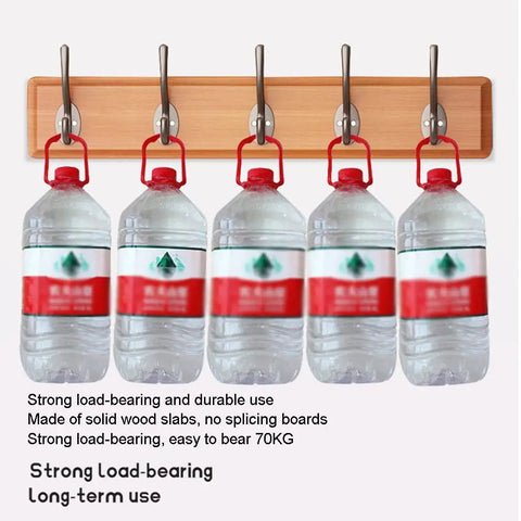 Knockout Wooden Wall Coat Rack Featuring Slick Stainless Steel Double Hooks And Rock Solid Door Back Hanger Organizer For Bedroom Jackets Hats Towels And Keys with water bottles.