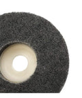 Close-up of Five Piece 4 Inch Gray Nylon Fiber Polishing Wheels Set With 16mm Bore for metal finishing and surface prep.