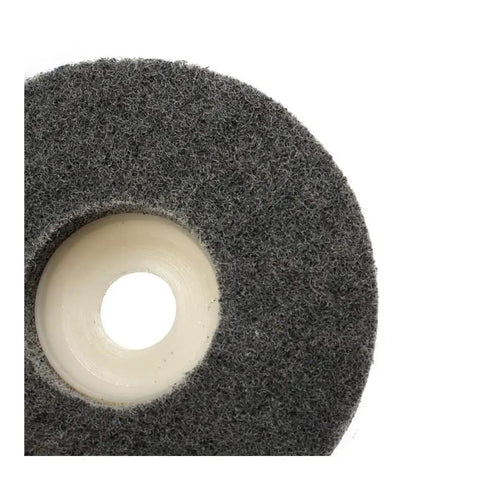 Close-up of Five Piece 4 Inch Gray Nylon Fiber Polishing Wheels Set With 16mm Bore for metal finishing and surface prep.