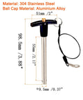 Stainless Steel T Handle Quick Release Pin With Lanyard Cable, Push Button Safety Lock Pin, side view dimensions, durable 304 stainless steel