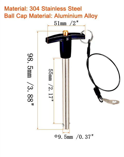 Stainless Steel T Handle Quick Release Pin With Lanyard Cable, Push Button Safety Lock Pin, side view dimensions, durable 304 stainless steel
