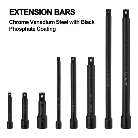 Extension bars from 18-Piece Drive Socket Set With Adapters, Extensions, Universal Joints And Impact Coupler For 1/4, 3/8 And 1/2 Inch Drive, Heat Treated Chrome Vanadium, Corrosion Resistant, Pro Grade Auto Repair Kit For DIYers And Garage Projects.