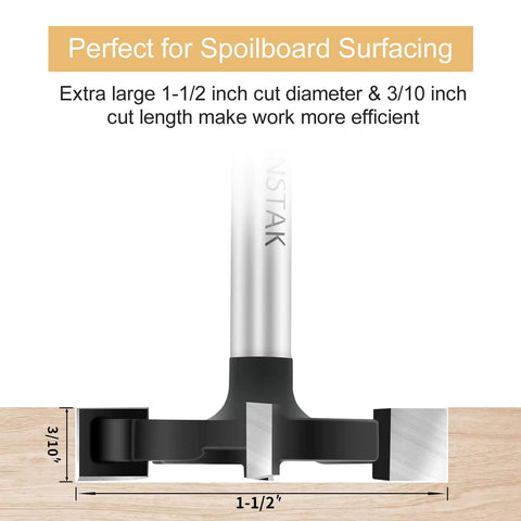 CNC Spoilboard Surfacing Router Bit, One Quarter Inch Shank, Pro Grade Extra Large One And One Half Inch Cutting Diameter shown close-up