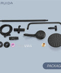 Package contents of Matte Black Retrofit Shower System With 8 Inch ABS Rain Shower Head And 5 Function Handheld Shower