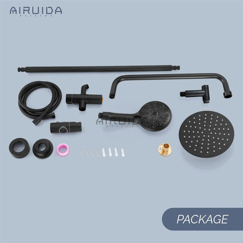 Package contents of Matte Black Retrofit Shower System With 8 Inch ABS Rain Shower Head And 5 Function Handheld Shower