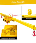 Heavy Duty Bidirectional Forklift Telescopic Boom And Adjustable Mobile Crane Hoist with fixing assembly and safety chain detail.