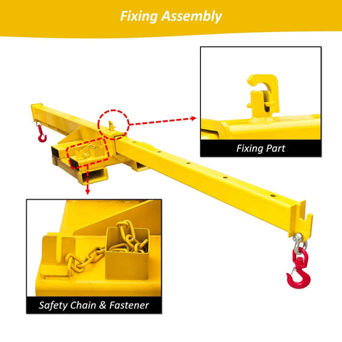 Heavy Duty Bidirectional Forklift Telescopic Boom And Adjustable Mobile Crane Hoist with fixing assembly and safety chain detail.
