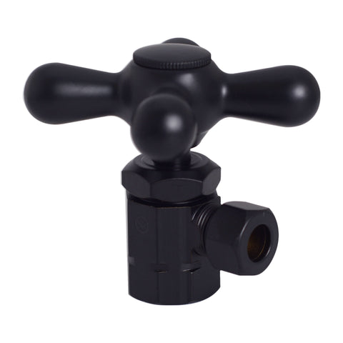 Old School Pedestal Lavatory Kit With Cross Handles In Matte Black Finish For Classic Bath Vanities Includes Compression Angle Stops Inlet Adapters Bullnose Risers Sure Grip Flanges And All Necessary Connectors, cross handle close-up.