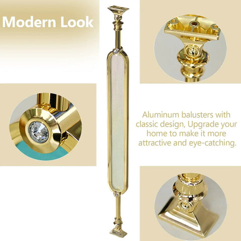 Top Shelf Gold Glass Staircase Balusters With Rock Solid Aluminum Spindles For Indoor Outdoor Stairs, close-up of a gold glass baluster.