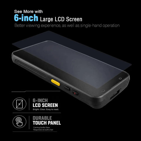 Boss Grade Android 16 Handheld Barcode Scanner with 6-inch LCD screen and durable touch panel, ideal for enterprise use.