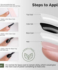 Application steps for HEMA Free Gel Polish Base Coat And Top Coat Set No Wipe Soak Off UV Long Lasting Glossy Finish.