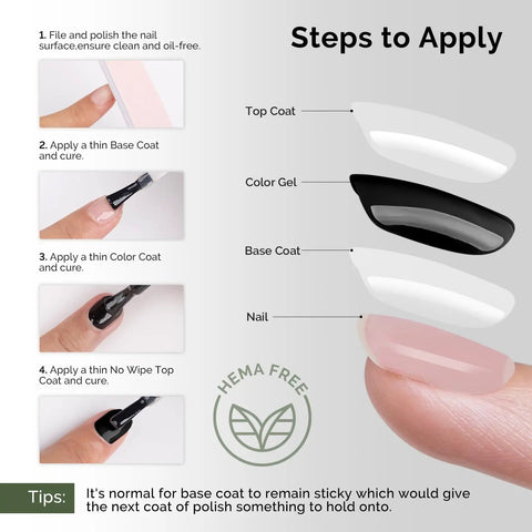 Application steps for HEMA Free Gel Polish Base Coat And Top Coat Set No Wipe Soak Off UV Long Lasting Glossy Finish.