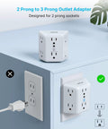 Two Prong To Three Prong Outlet Adapter With Six Outlet Extender Three Sided Power Converter That Grounds Polarized Outlets In Older Homes So You Can Power Up Six Devices At Once, white