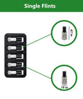 Universal Torch Striker Flint Renewal Kit showing card with five replacement flints and detailed dimensions
