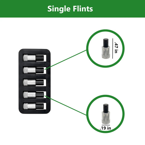 Universal Torch Striker Flint Renewal Kit showing card with five replacement flints and detailed dimensions