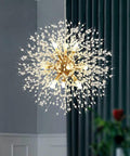 Lit Gold Crystal 9 Light Dandelion Firework Pendant Chandelier With G9 Base Modern Hanging Light Fixture in room setting