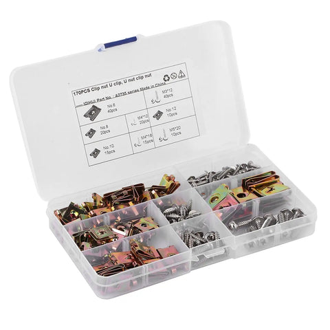 85Pcs Automotive Clip Nuts And Fasteners Kit With U Clips And Stainless Steel Screws in an open plastic case showing contents