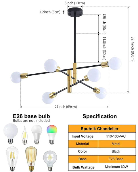 Sputnik Style Black And Gold Six Light Chandelier For Dining Room Living Room Modern Mid Century Industrial Ceiling Pendant