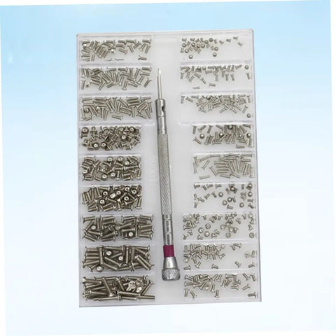 Handy Mini Screw Kit For Glasses And Laptops With Steel Mini Screws And Precision Screwdriver in white case, top view