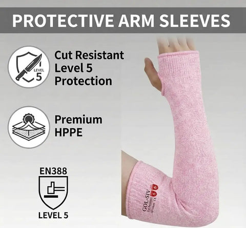 Heavy Duty Cut Resistant Arm Sleeves With Thumb Holes For Mechanics And Glass Handling Shielding Delicate Skin Straight Up Like Body Armor In Pink Pair showing level 5 cut resistance.