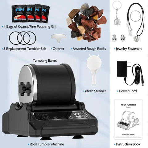 Totally Complete Gemstone Tumbler Kit For Adults And Kids With LCD Display, 9 Speed Motor And 9 Day Timer, shown with accessories.