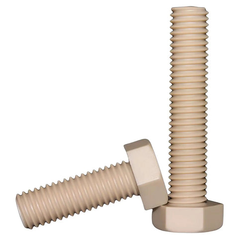Pro Grade PEEK Hex Head Screws M14X110, 10 Piece Pack Of Heavy Duty Plastic Fasteners, beige hex bolts on white background.