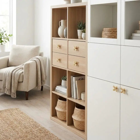 Interior with wooden shelf featuring 12 Pack Gold Dresser Knob Set With Screws, Solid Zinc Alloy, Brushed Brass Finish, Four Leaf Clover Style