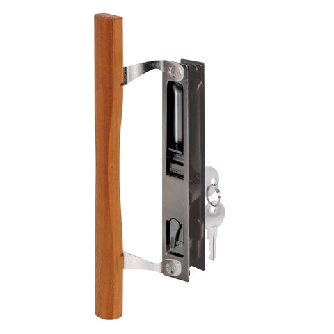 Keyed Sliding Glass Door Handle Set For Hook Style Flush Mount, Wood And Black Diecast, Reversible Left Or Right