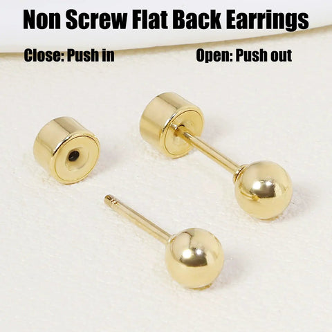 Push In Flat Back 4mm Gold Ball Stud Earrings Hypoallergenic 14K Real Gold Plated Cartilage Helix Tragus Jewelry For Women And Men Easy On Off No Screw Back Everyday Comfort, gold push-in flat back studs