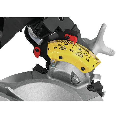 Close-up of miter detent plate on Workhorse 15 Amp Double Bevel 12 Inch Electric Compound Miter Saw With 14 Positive Stops Renewed