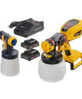 18V Cordless Paint And Stain Sprayer Delivering Slick HVLP Coatings No Wire Headaches includes sprayer, detail nozzle, and batteries.