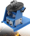 Top Shelf Rotary Welding Positioner With 90 Degree Tilt Table And Smooth 180Mm Turntable Coupled With Built Tough 65Mm Chuck, blue motorized base.